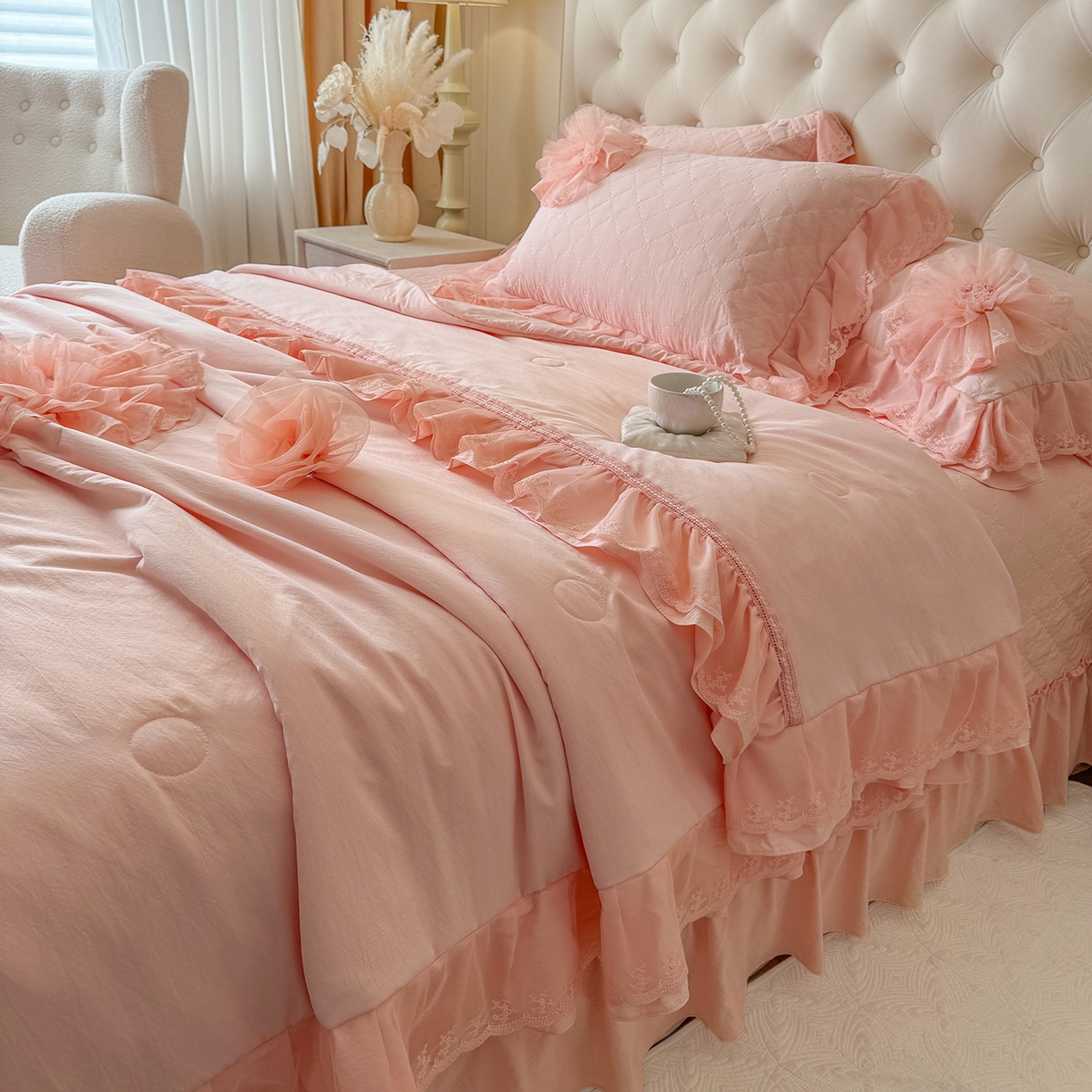 91家纺网 家纺一手货源 找家纺 罗优家纺 2025新款多功能可装被芯花朵可拆卸夏被四件套 粉色