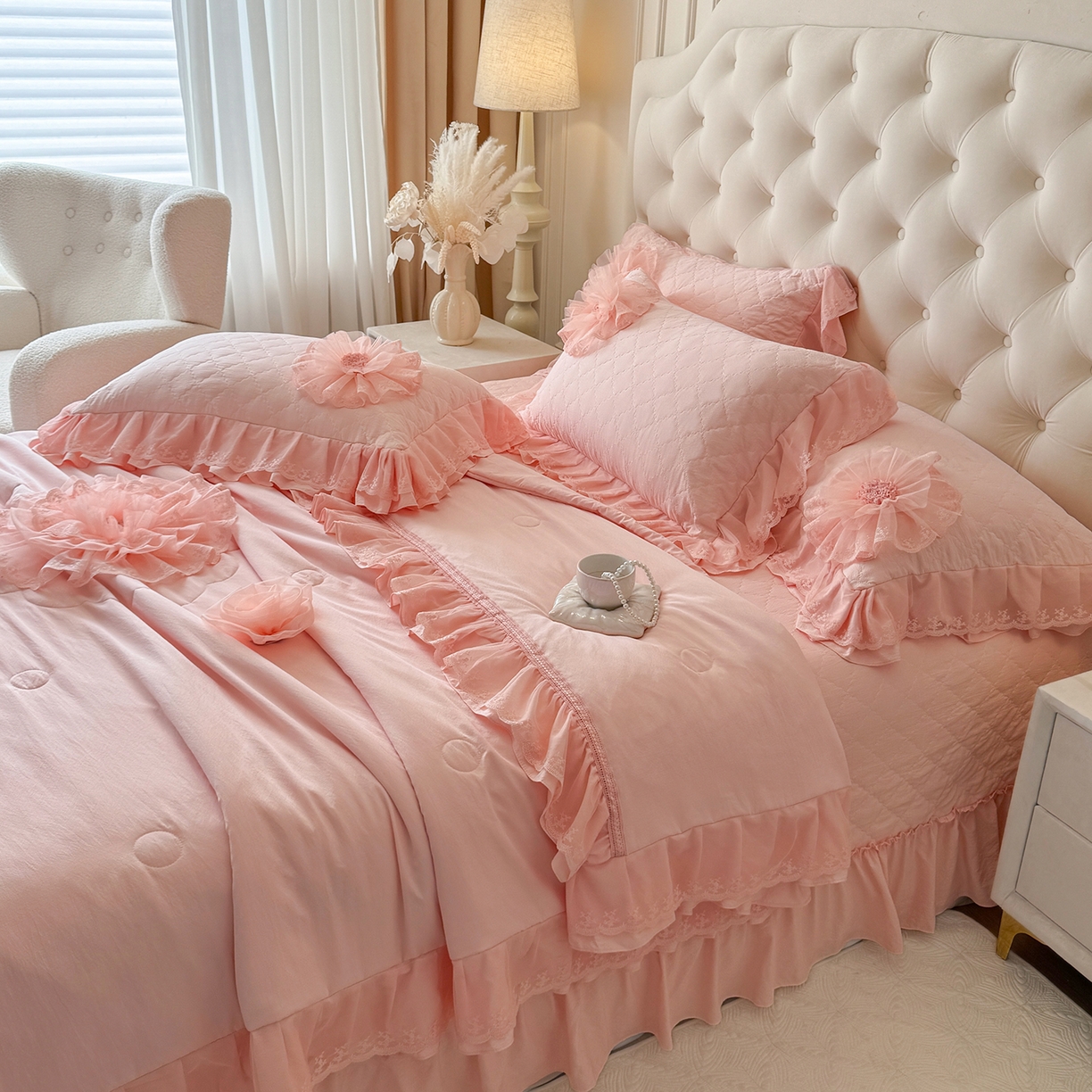 91家纺网 家纺一手货源 找家纺 罗优家纺 2025新款多功能可装被芯花朵可拆卸夏被四件套 粉色