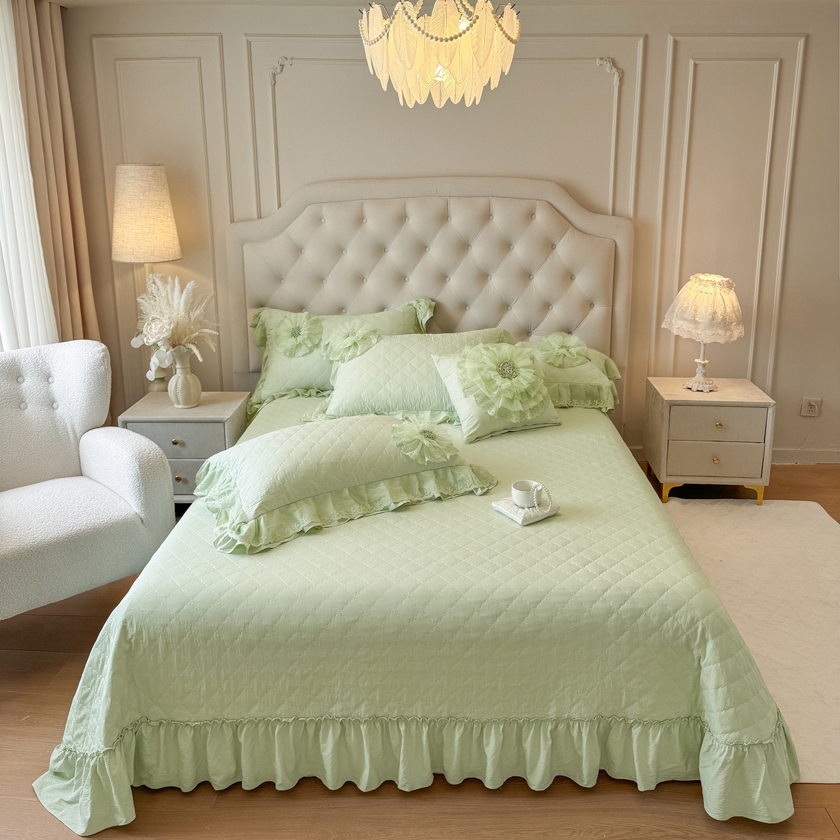 91家纺网 家纺一手货源 找家纺 罗优家纺 2025新款多功能可装被芯花朵可拆卸夏被四件套 绿色