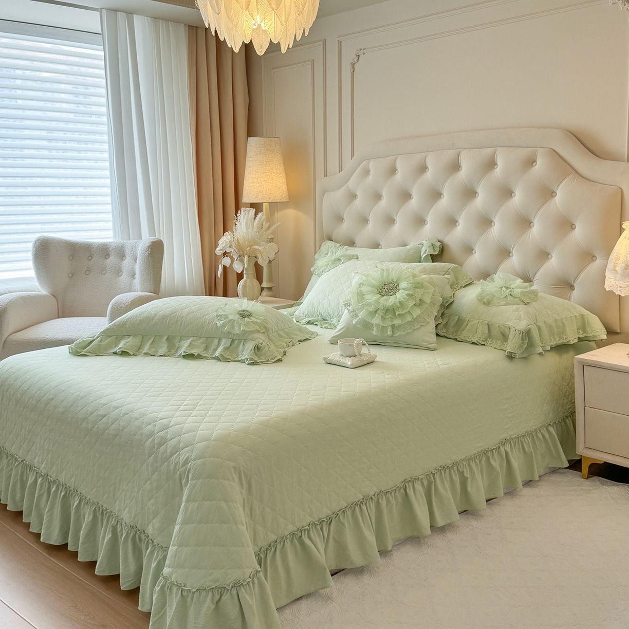 91家纺网 家纺一手货源 找家纺 罗优家纺 2025新款多功能可装被芯花朵可拆卸夏被四件套 绿色