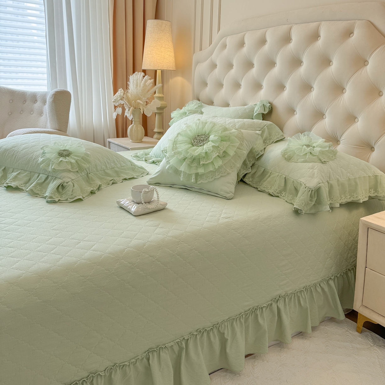 91家纺网 家纺一手货源 找家纺 罗优家纺 2025新款多功能可装被芯花朵可拆卸夏被四件套 绿色