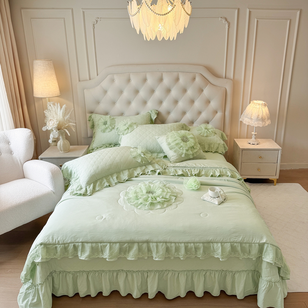 91家纺网 家纺一手货源 找家纺 罗优家纺 2025新款多功能可装被芯花朵可拆卸夏被四件套 绿色