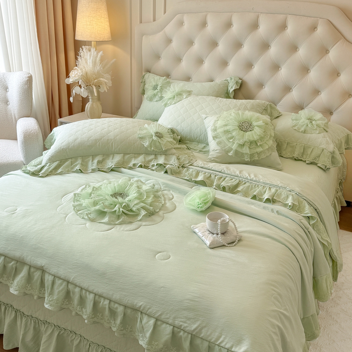 91家纺网 家纺一手货源 找家纺 罗优家纺 2025新款多功能可装被芯花朵可拆卸夏被四件套 绿色