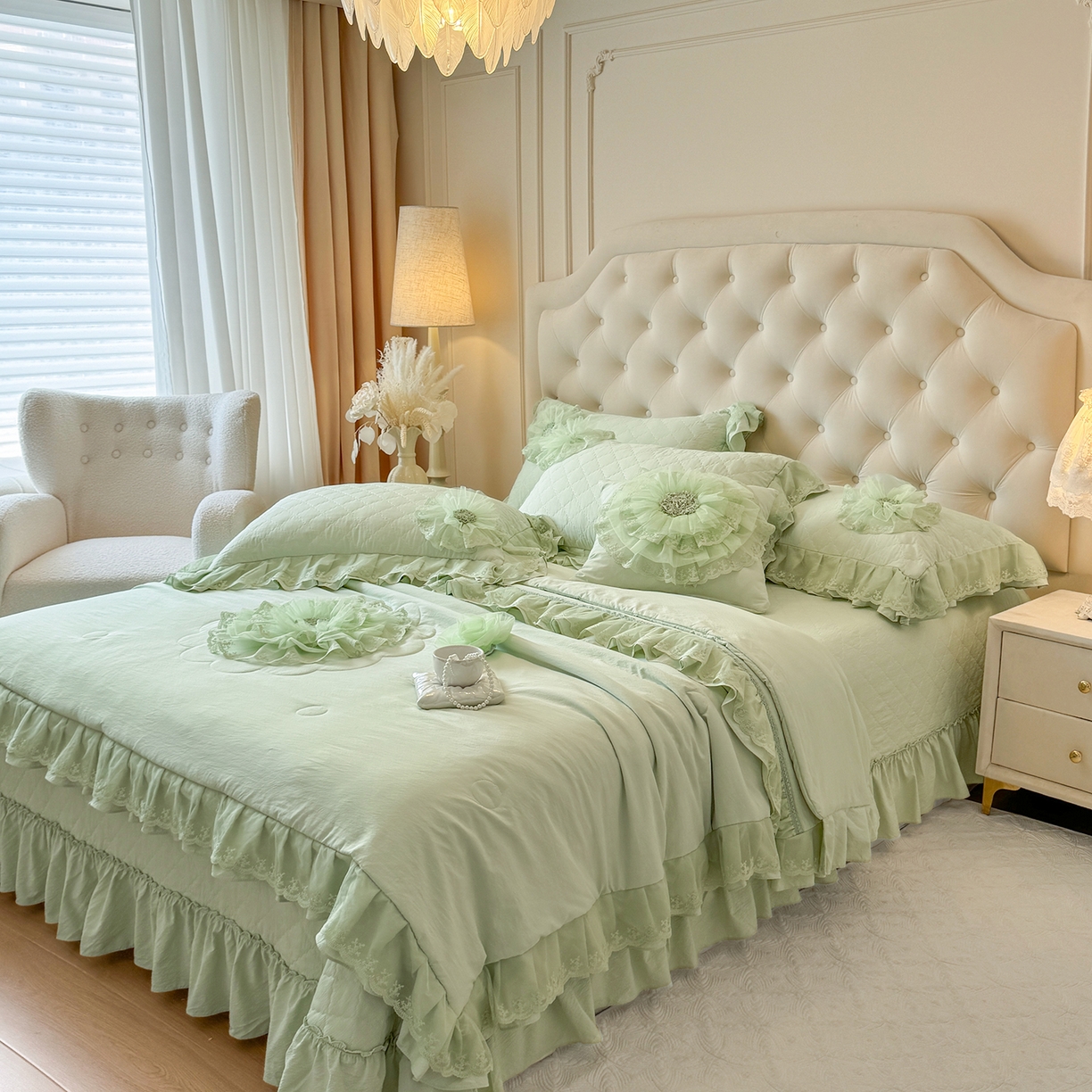 91家纺网 家纺一手货源 找家纺 罗优家纺 2025新款多功能可装被芯花朵可拆卸夏被四件套 绿色