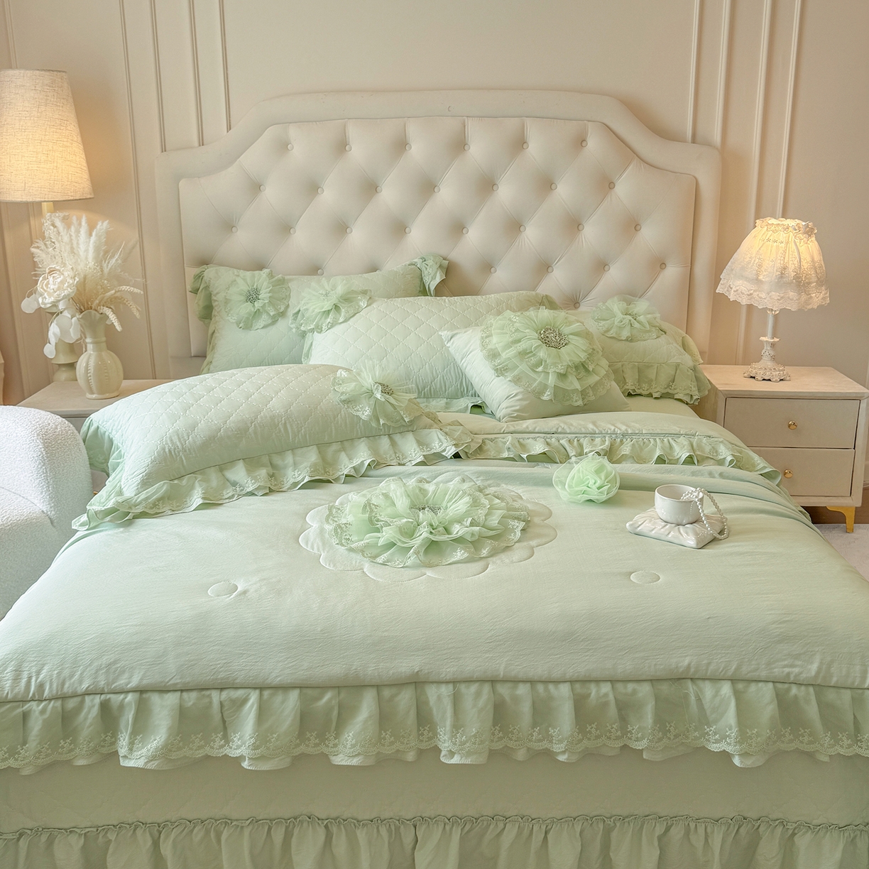 91家纺网 家纺一手货源 找家纺 罗优家纺 2025新款多功能可装被芯花朵可拆卸夏被四件套 绿色