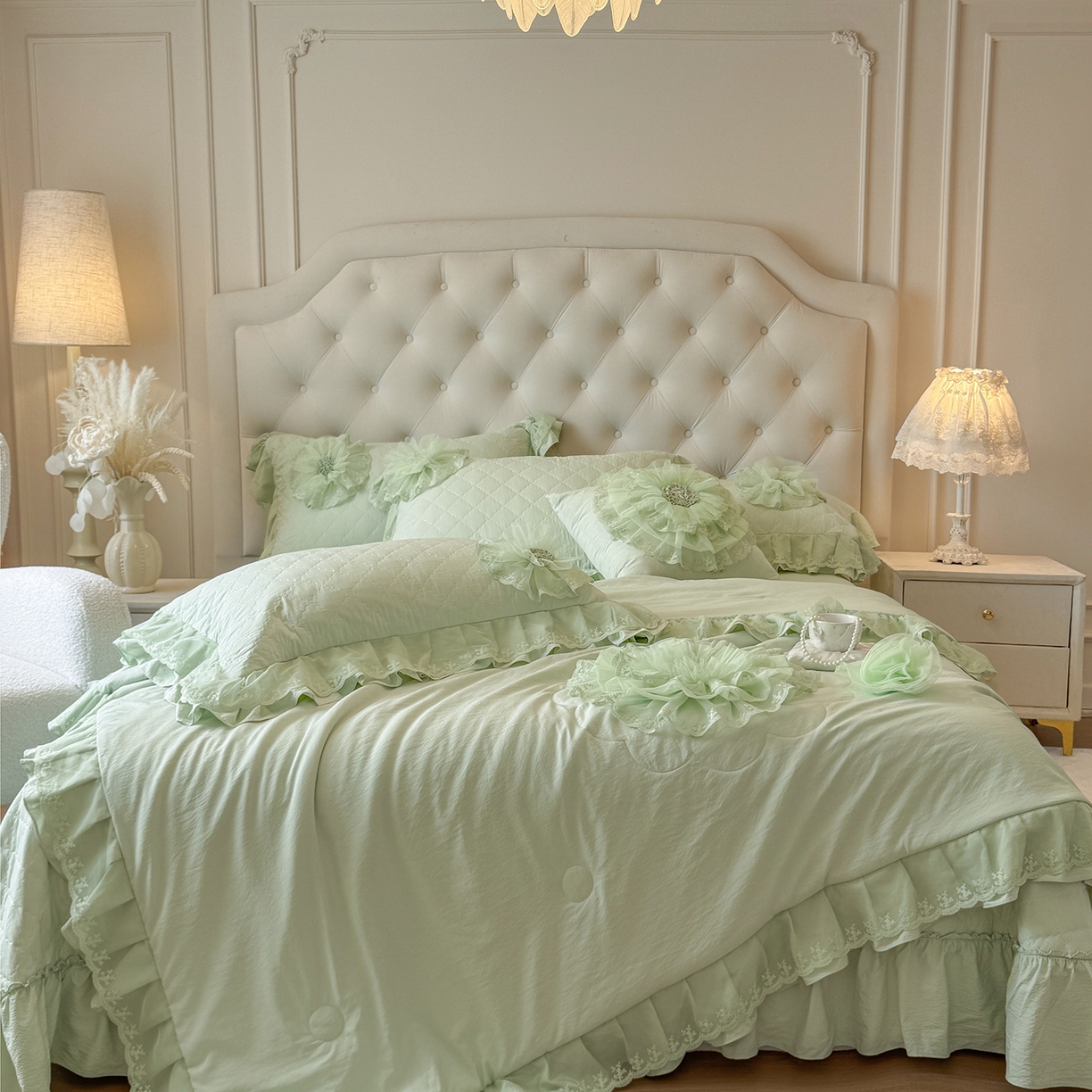 91家纺网 家纺一手货源 找家纺 罗优家纺 2025新款多功能可装被芯花朵可拆卸夏被四件套 绿色