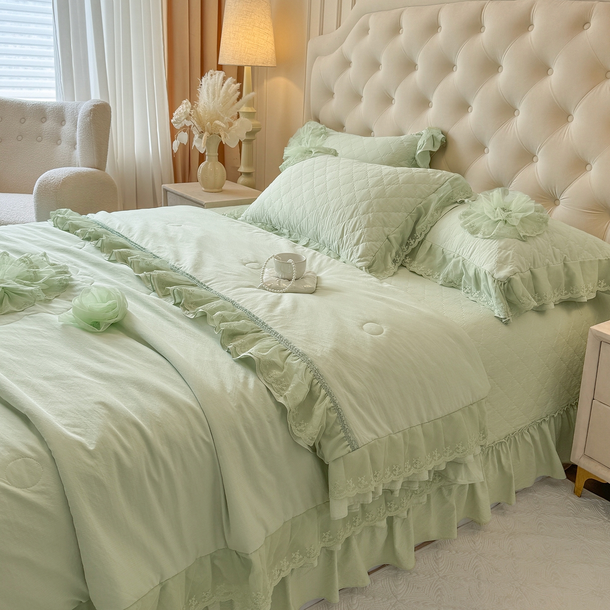 91家纺网 家纺一手货源 找家纺 罗优家纺 2025新款多功能可装被芯花朵可拆卸夏被四件套 绿色