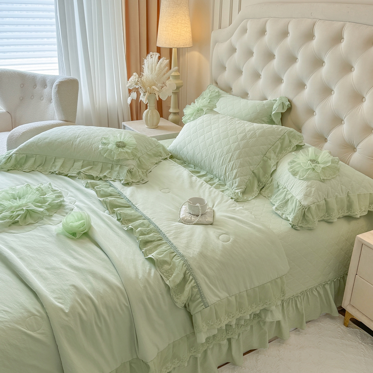 91家纺网 家纺一手货源 找家纺 罗优家纺 2025新款多功能可装被芯花朵可拆卸夏被四件套 绿色