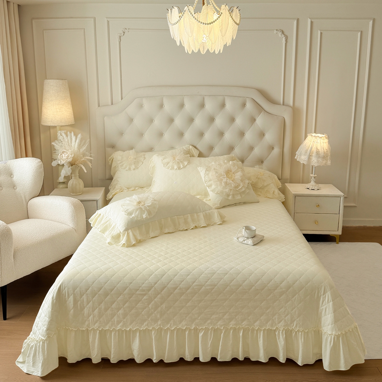 91家纺网 家纺一手货源 找家纺 罗优家纺 2025新款多功能可装被芯花朵可拆卸夏被四件套 米白