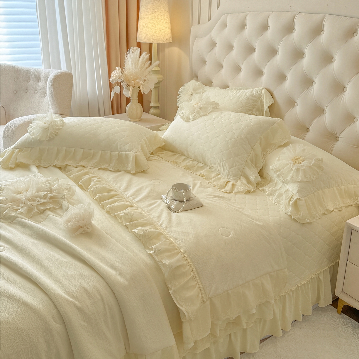 91家纺网 家纺一手货源 找家纺 罗优家纺 2025新款多功能可装被芯花朵可拆卸夏被四件套 米白