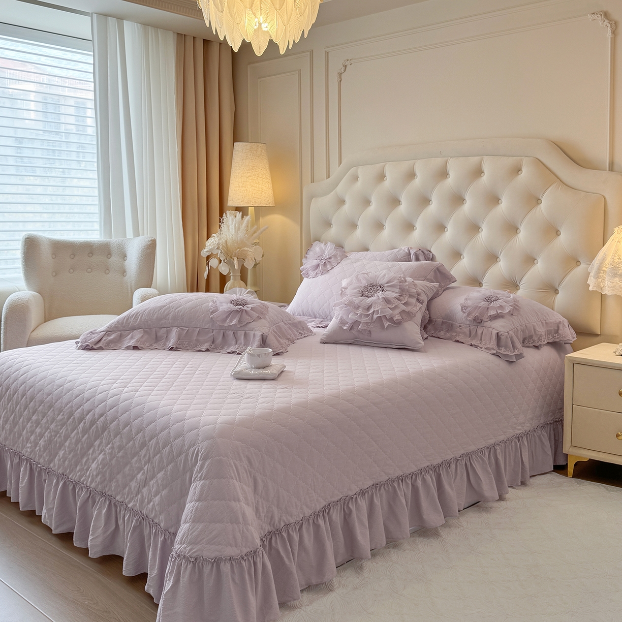 91家纺网 家纺一手货源 找家纺 罗优家纺 2025新款多功能可装被芯花朵可拆卸夏被四件套 紫色