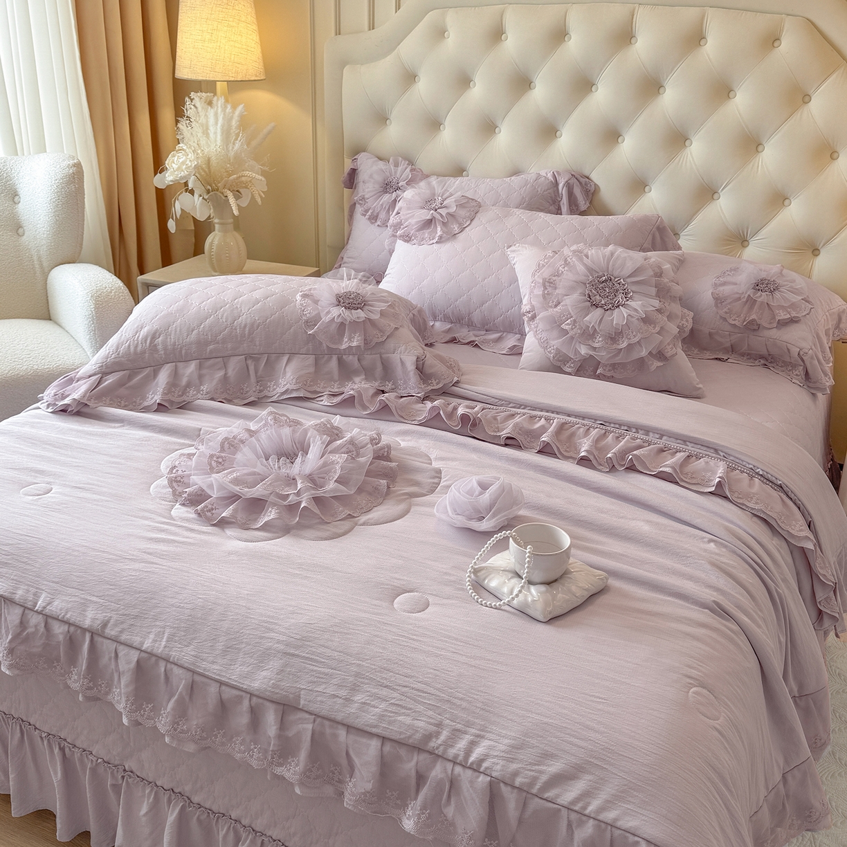 91家纺网 家纺一手货源 找家纺 罗优家纺 2025新款多功能可装被芯花朵可拆卸夏被四件套 紫色