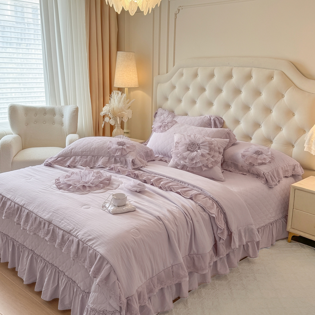 91家纺网 家纺一手货源 找家纺 罗优家纺 2025新款多功能可装被芯花朵可拆卸夏被四件套 紫色