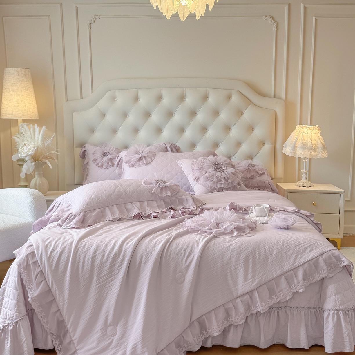 91家纺网 家纺一手货源 找家纺 罗优家纺 2025新款多功能可装被芯花朵可拆卸夏被四件套 紫色