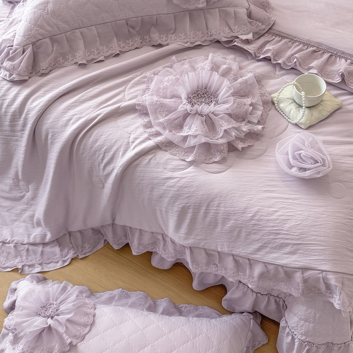 91家纺网 家纺一手货源 找家纺 罗优家纺 2025新款多功能可装被芯花朵可拆卸夏被四件套 紫色