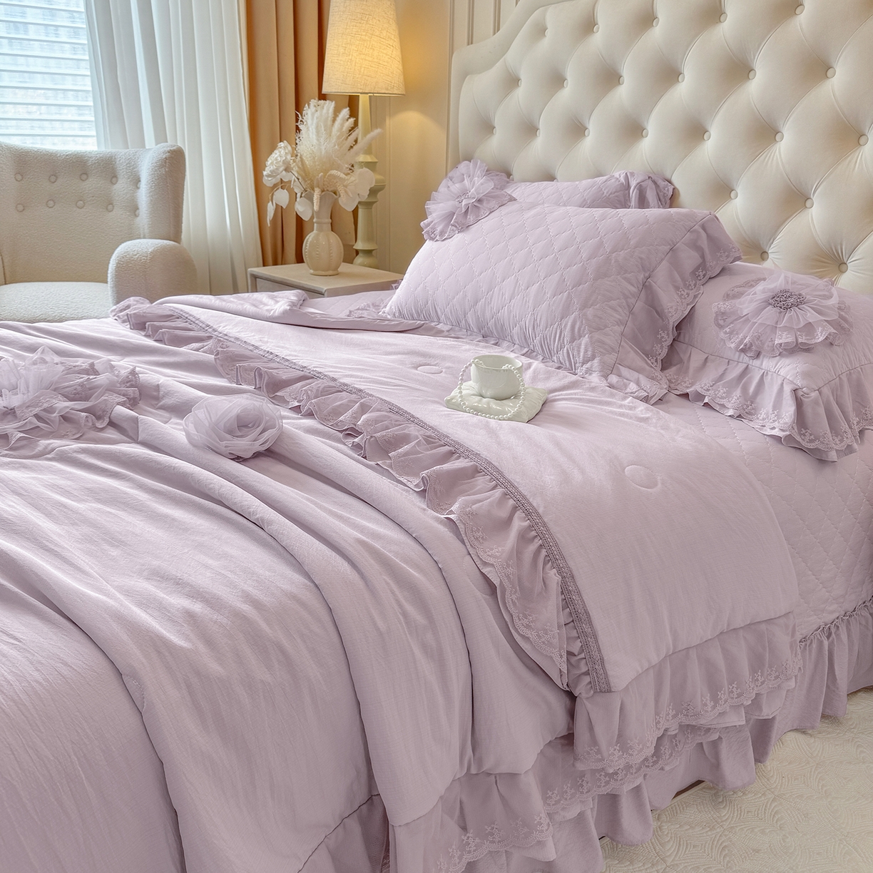 91家纺网 家纺一手货源 找家纺 罗优家纺 2025新款多功能可装被芯花朵可拆卸夏被四件套 紫色