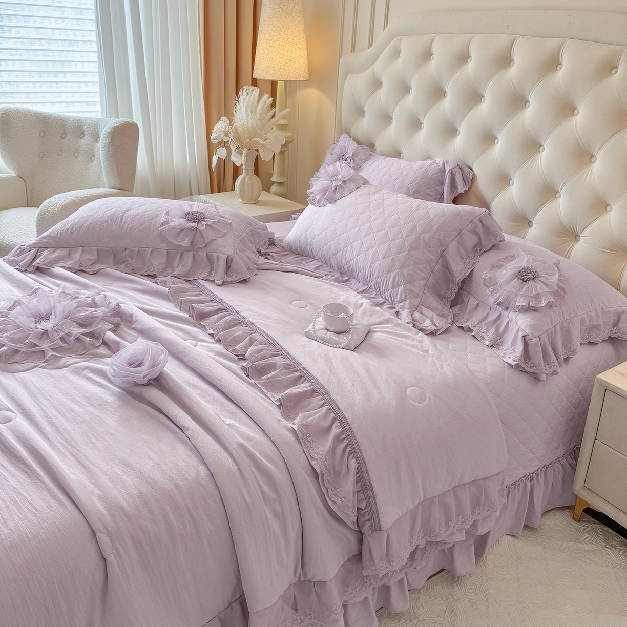 91家纺网 家纺一手货源 找家纺 罗优家纺 2025新款多功能可装被芯花朵可拆卸夏被四件套 紫色