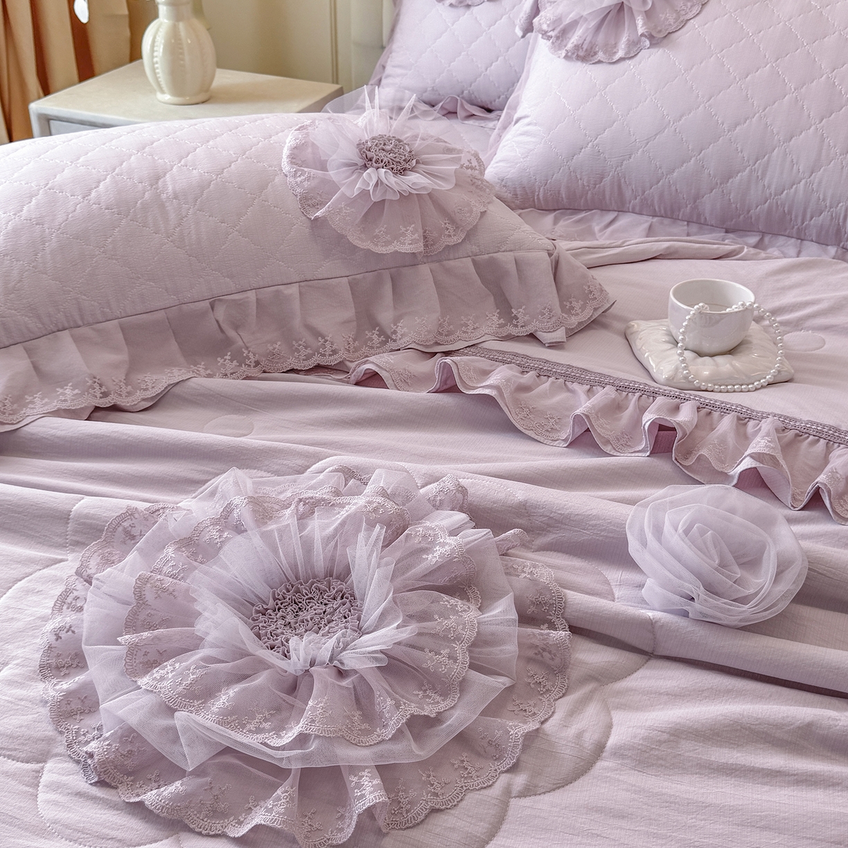 91家纺网 家纺一手货源 找家纺 罗优家纺 2025新款多功能可装被芯花朵可拆卸夏被四件套 紫色