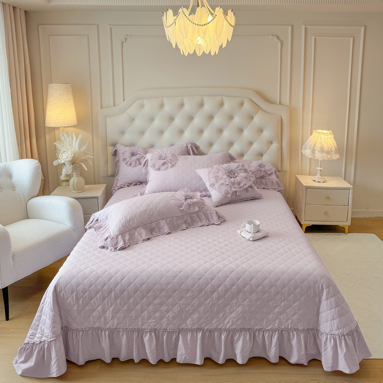 91家纺网 家纺一手货源 找家纺 罗优家纺 2025新款多功能可装被芯花朵可拆卸夏被四件套 紫色