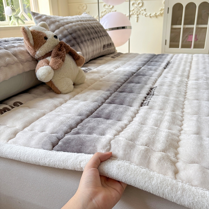 91家纺网 家纺一手货源 找家纺 2025新款印花泡泡兔毛绒床垫学生宿舍床褥软垫 灰色空间