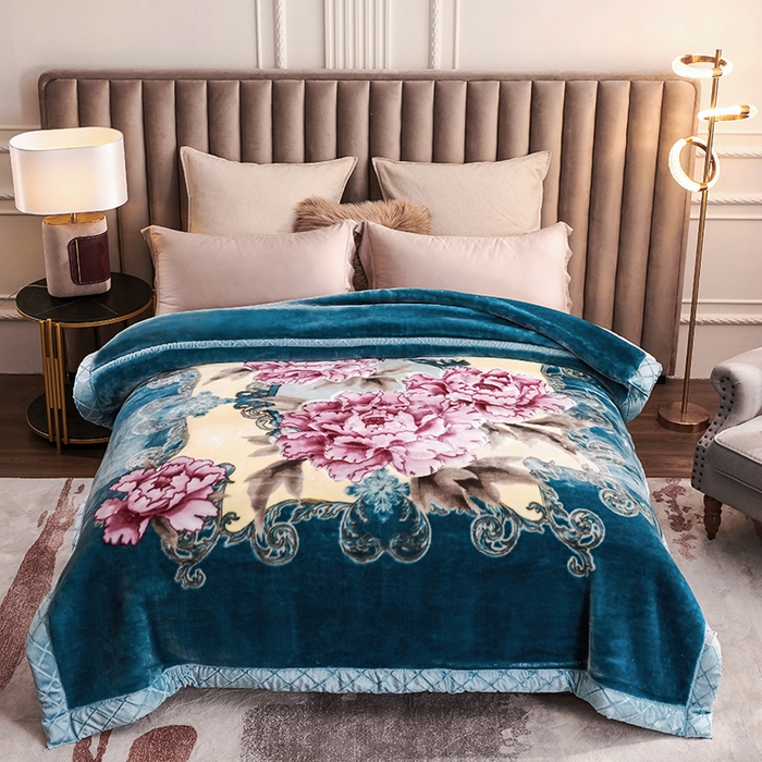 91家纺网 家纺一手货源 找家纺 雅诗帛 【2025年新款】双层加厚冬季毛毯拉舍尔毛毯加绒特厚婚庆结婚送礼毯子盖毯珊瑚绒 月夕朝花-兰