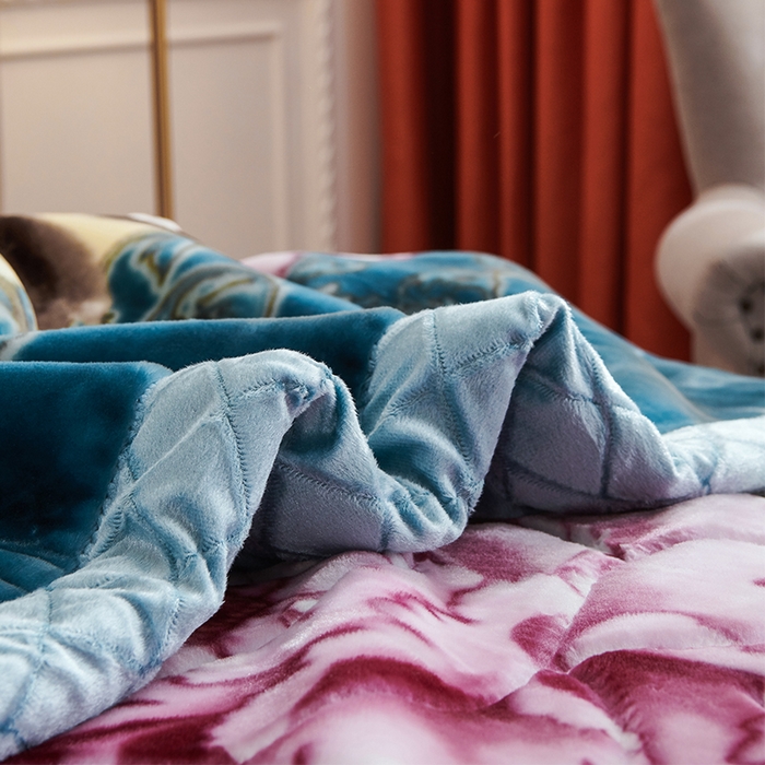 91家纺网 家纺一手货源 找家纺 雅诗帛 【2025年新款】双层加厚冬季毛毯拉舍尔毛毯加绒特厚婚庆结婚送礼毯子盖毯珊瑚绒 月夕朝花-兰