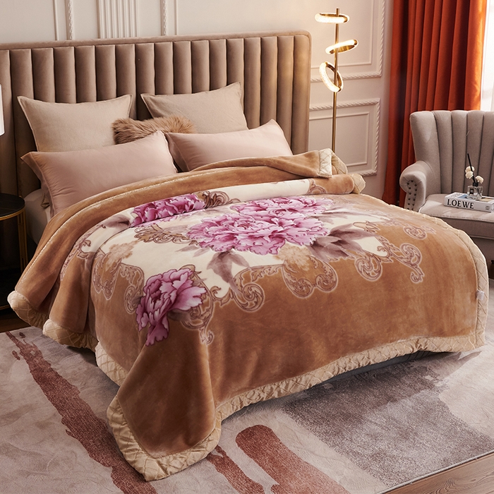 91家纺网 家纺一手货源 找家纺 雅诗帛 【2025年新款】双层加厚冬季毛毯拉舍尔毛毯加绒特厚婚庆结婚送礼毯子盖毯珊瑚绒 月夕花朝-黄