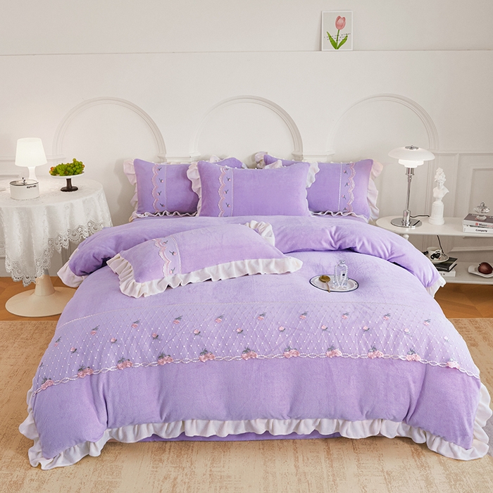 91家纺网 家纺一手货源 找家纺 （总）舒咪欧 2025新款牛奶绒刺绣花边 法式公主风四件套艾莎系列