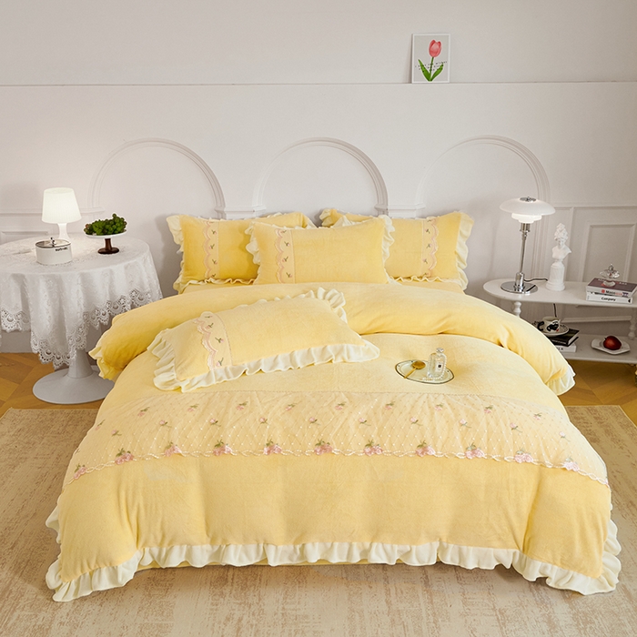 91家纺网 家纺一手货源 找家纺 （总）舒咪欧 2025新款牛奶绒刺绣花边 法式公主风四件套艾莎系列