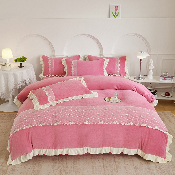 91家纺网 家纺一手货源 找家纺 （总）舒咪欧 2025新款牛奶绒刺绣花边 法式公主风四件套艾莎系列