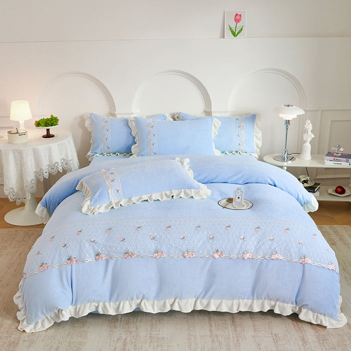 91家纺网 家纺一手货源 找家纺 （总）舒咪欧 2025新款牛奶绒刺绣花边 法式公主风四件套艾莎系列