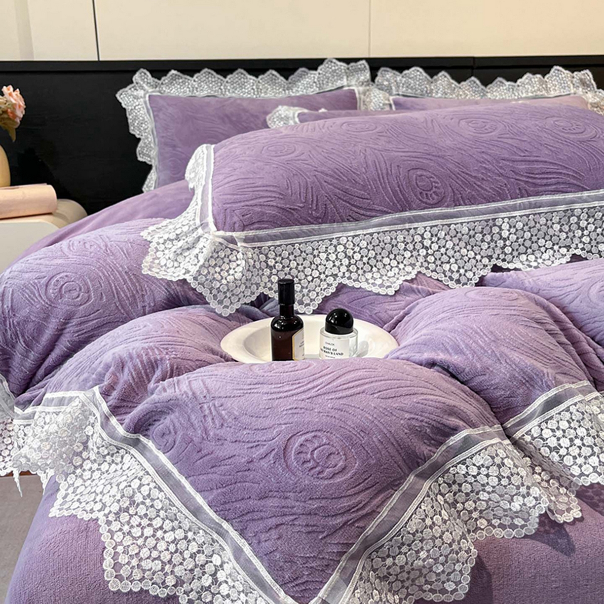 爱家（原缔乐家纺） 2025新款A类牛奶雕花绒四件套系列 锦羽-梦幻紫