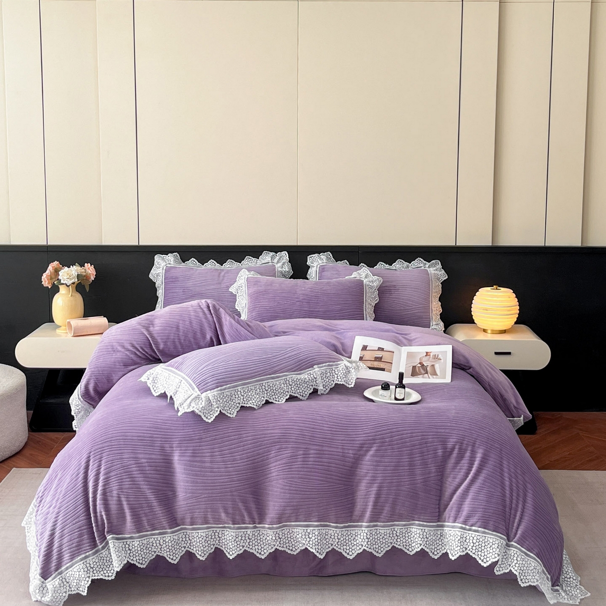 91家纺网 家纺一手货源 找家纺 爱家（原缔乐家纺） 2025新款A类牛奶雕花绒四件套系列 维多利梦幻紫