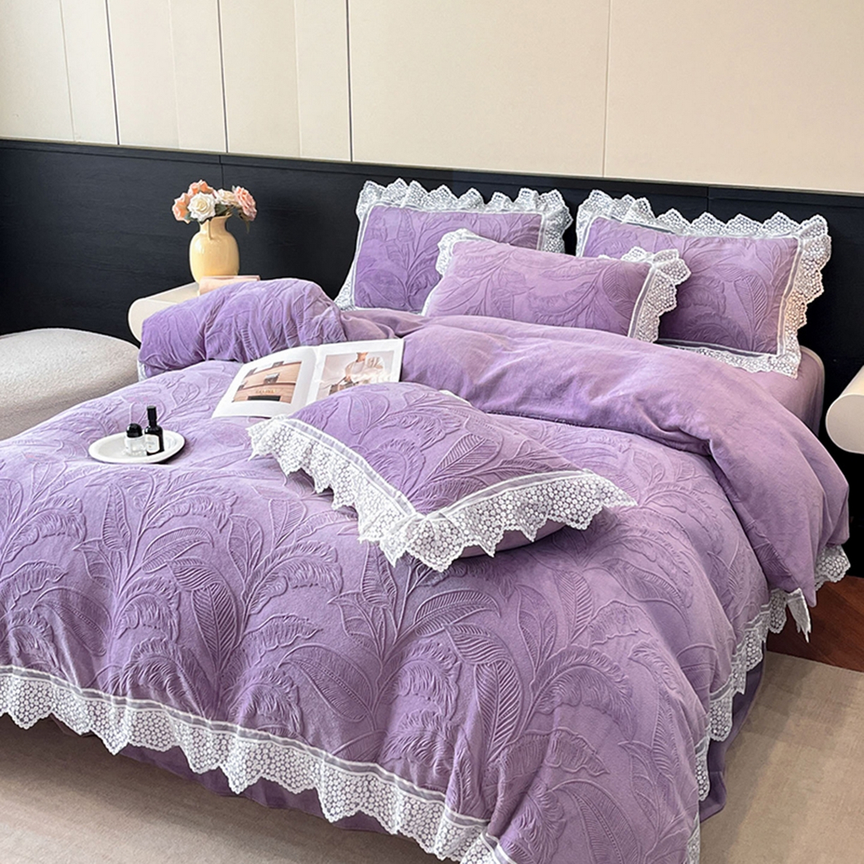 91家纺网 家纺一手货源 找家纺 爱家（原缔乐家纺） 2025新款A类牛奶雕花绒四件套系列 海岛热恋梦幻紫