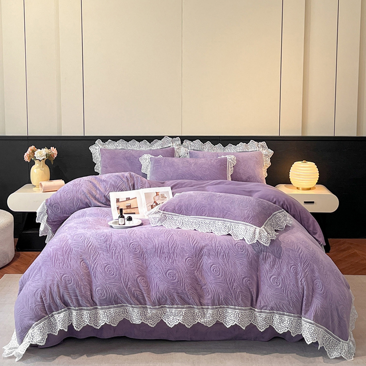91家纺网 家纺一手货源 找家纺 爱家（原缔乐家纺） 2025新款A类牛奶雕花绒四件套系列 锦羽-梦幻紫