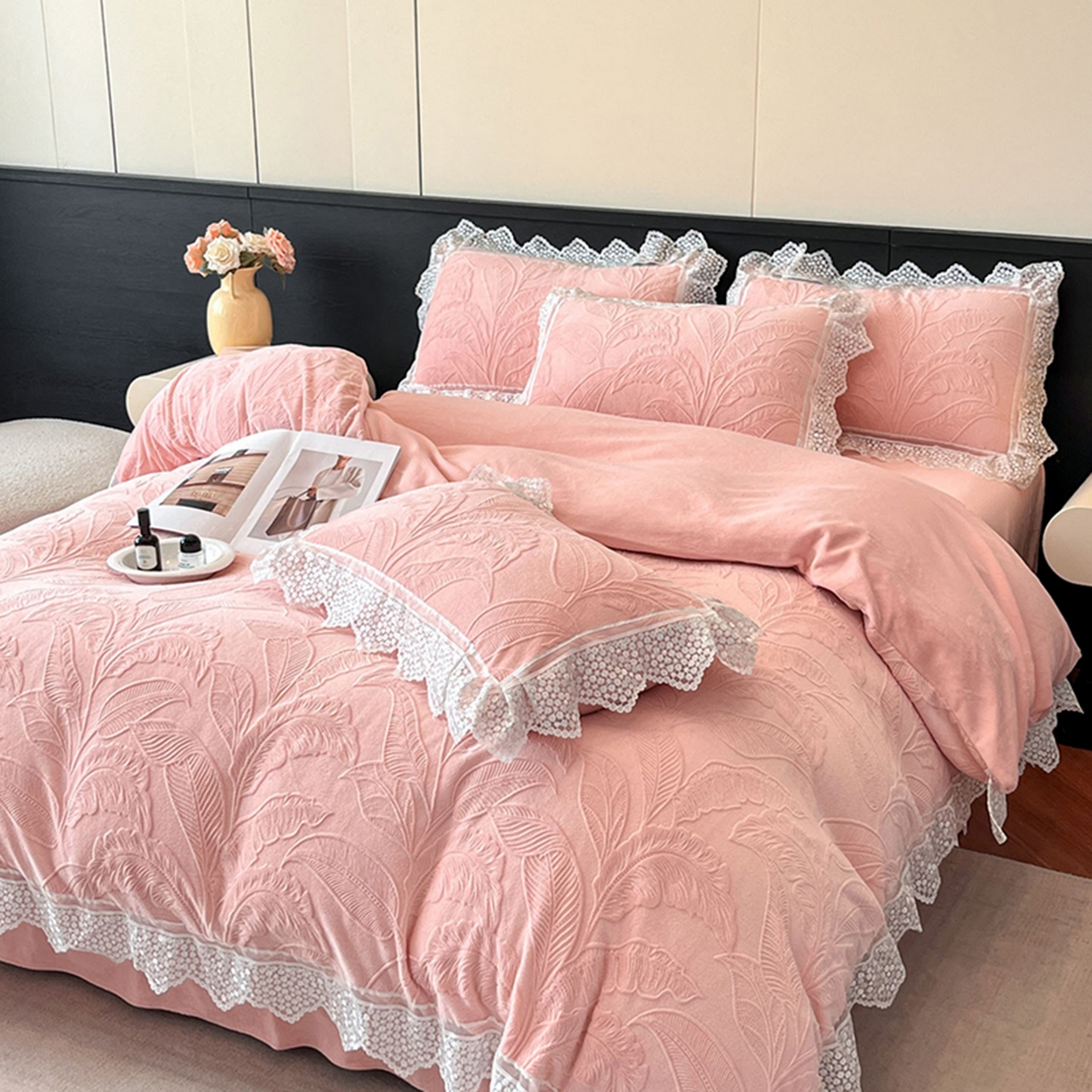 爱家（原缔乐家纺） 2025新款A类牛奶雕花绒四件套系列 海岛热恋香玉粉