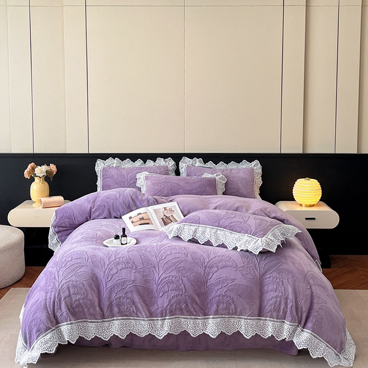 91家纺网 家纺一手货源 找家纺 爱家（原缔乐家纺） 2025新款A类牛奶雕花绒四件套系列 海岛热恋梦幻紫