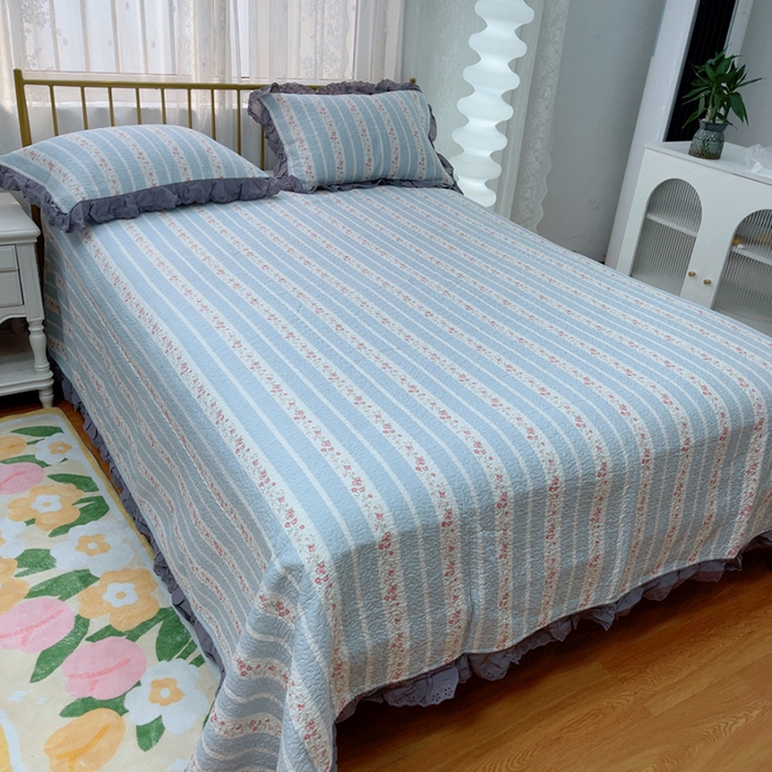 91家纺网 家纺一手货源 找家纺 （总）暖居 2025新款法式纯棉砂洗棉花床盖三件套同款豆豆被双面纯棉被套