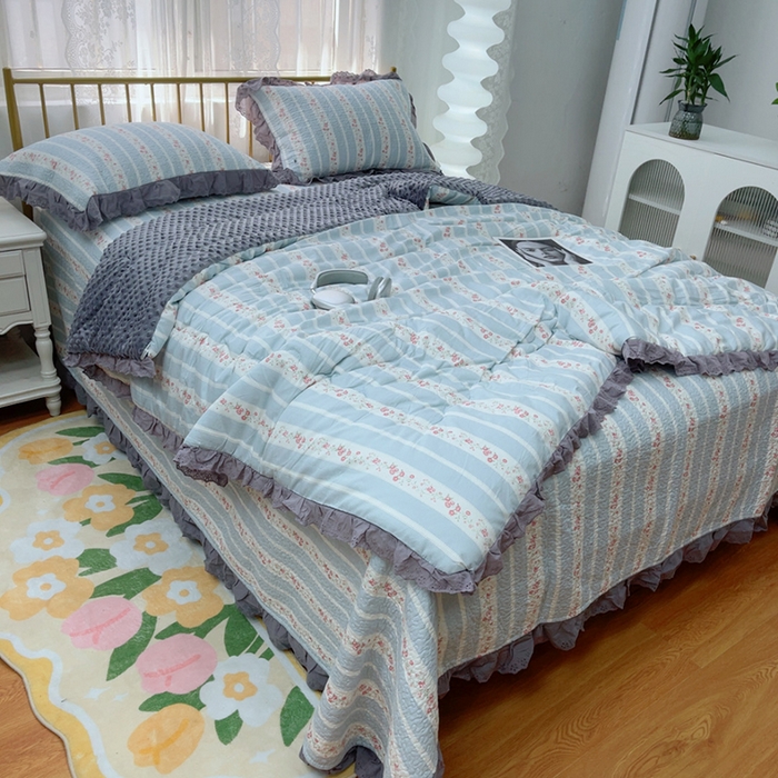 91家纺网 家纺一手货源 找家纺 （总）暖居 2025新款法式纯棉砂洗棉花床盖三件套同款豆豆被双面纯棉被套