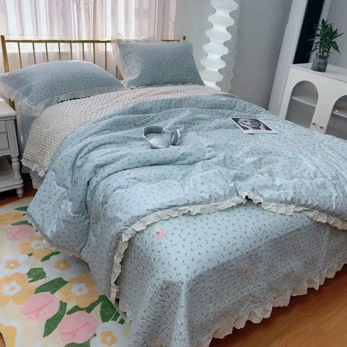 91家纺网 家纺一手货源 找家纺 （总）暖居 2025新款法式纯棉砂洗棉花床盖三件套同款豆豆被双面纯棉被套