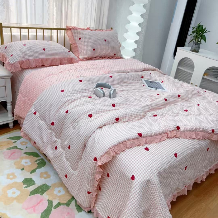 91家纺网 家纺一手货源 找家纺 （总）暖居 2025新款法式纯棉砂洗棉花床盖三件套同款豆豆被双面纯棉被套