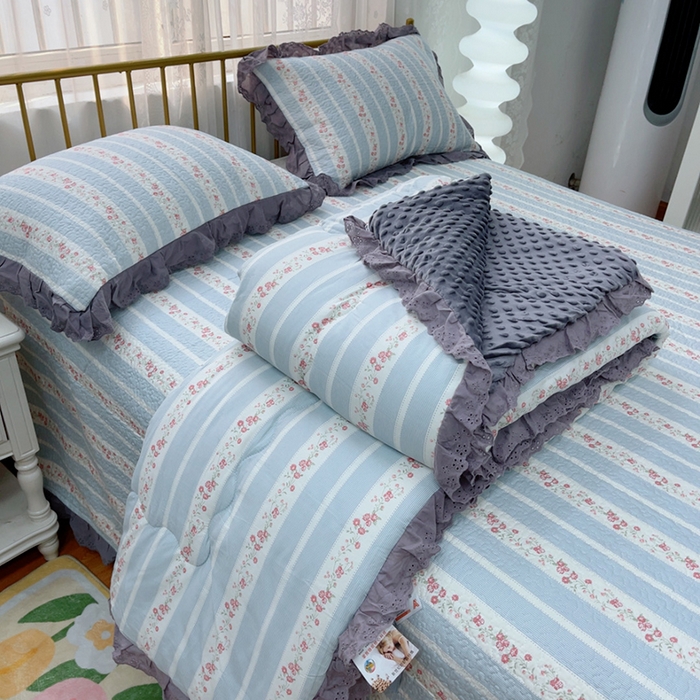 91家纺网 家纺一手货源 找家纺 暖居 2025新款法式纯棉砂洗棉花床盖三件套同款豆豆被双面纯棉被套 白兰地