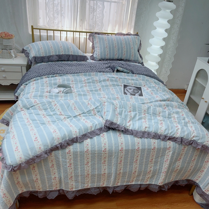 91家纺网 家纺一手货源 找家纺 暖居 2025新款法式纯棉砂洗棉花床盖三件套同款豆豆被双面纯棉被套 白兰地