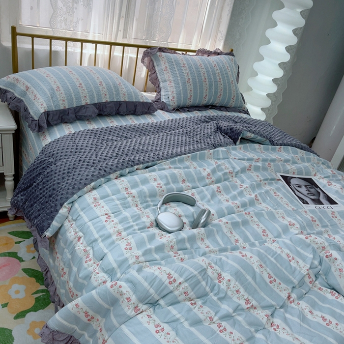 91家纺网 家纺一手货源 找家纺 暖居 2025新款法式纯棉砂洗棉花床盖三件套同款豆豆被双面纯棉被套 白兰地