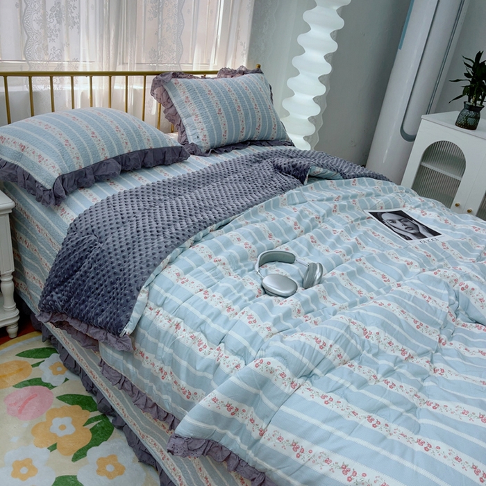 91家纺网 家纺一手货源 找家纺 暖居 2025新款法式纯棉砂洗棉花床盖三件套同款豆豆被双面纯棉被套 白兰地