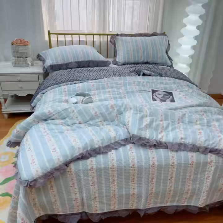 91家纺网 家纺一手货源 找家纺 暖居 2025新款法式纯棉砂洗棉花床盖三件套同款豆豆被双面纯棉被套 白兰地