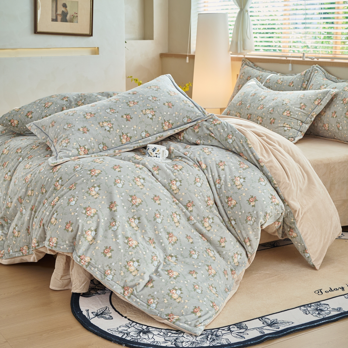 91家纺网 家纺一手货源 找家纺 喜四方 2025新款超细旦婴儿宝宝绒印花四件套 秘境-绿