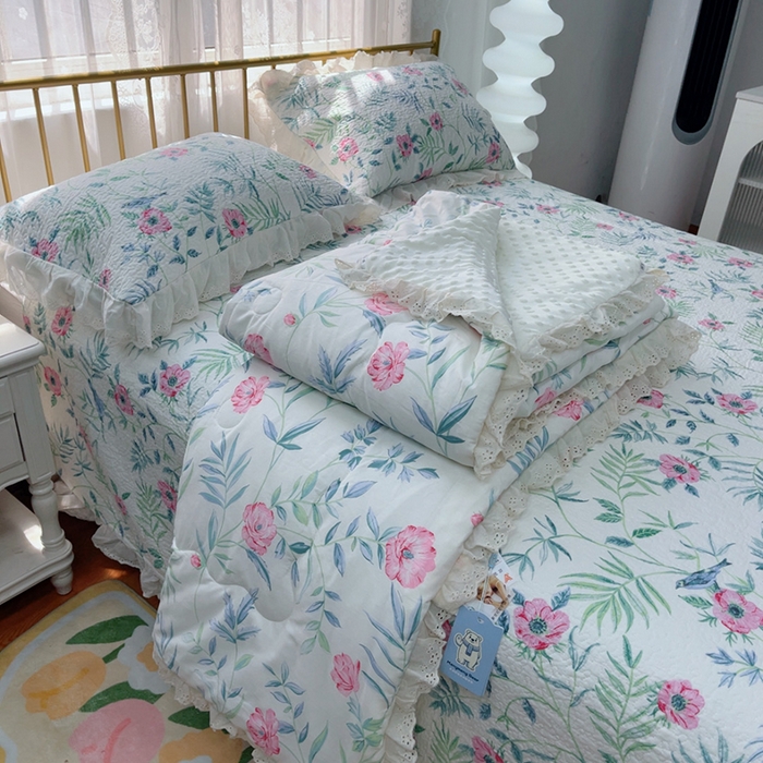 91家纺网 家纺一手货源 找家纺 暖居 2025新款法式纯棉砂洗棉花床盖三件套同款豆豆被双面纯棉被套 倾城之美