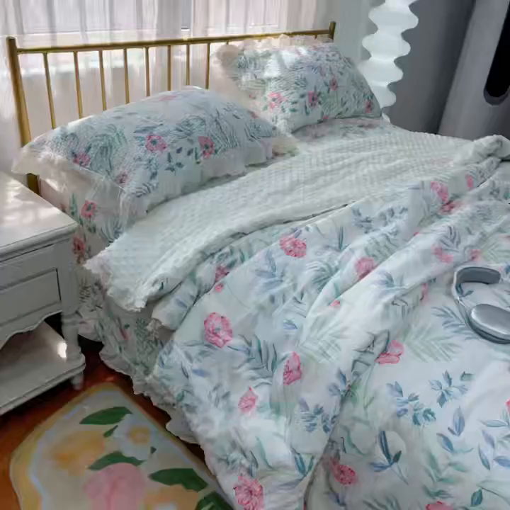 91家纺网 家纺一手货源 找家纺 暖居 2025新款法式纯棉砂洗棉花床盖三件套同款豆豆被双面纯棉被套 倾城之美