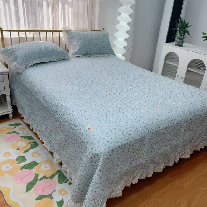 91家纺网 家纺一手货源 找家纺 暖居 2025新款法式纯棉砂洗棉花床盖三件套同款豆豆被双面纯棉被套 碎花兔蓝